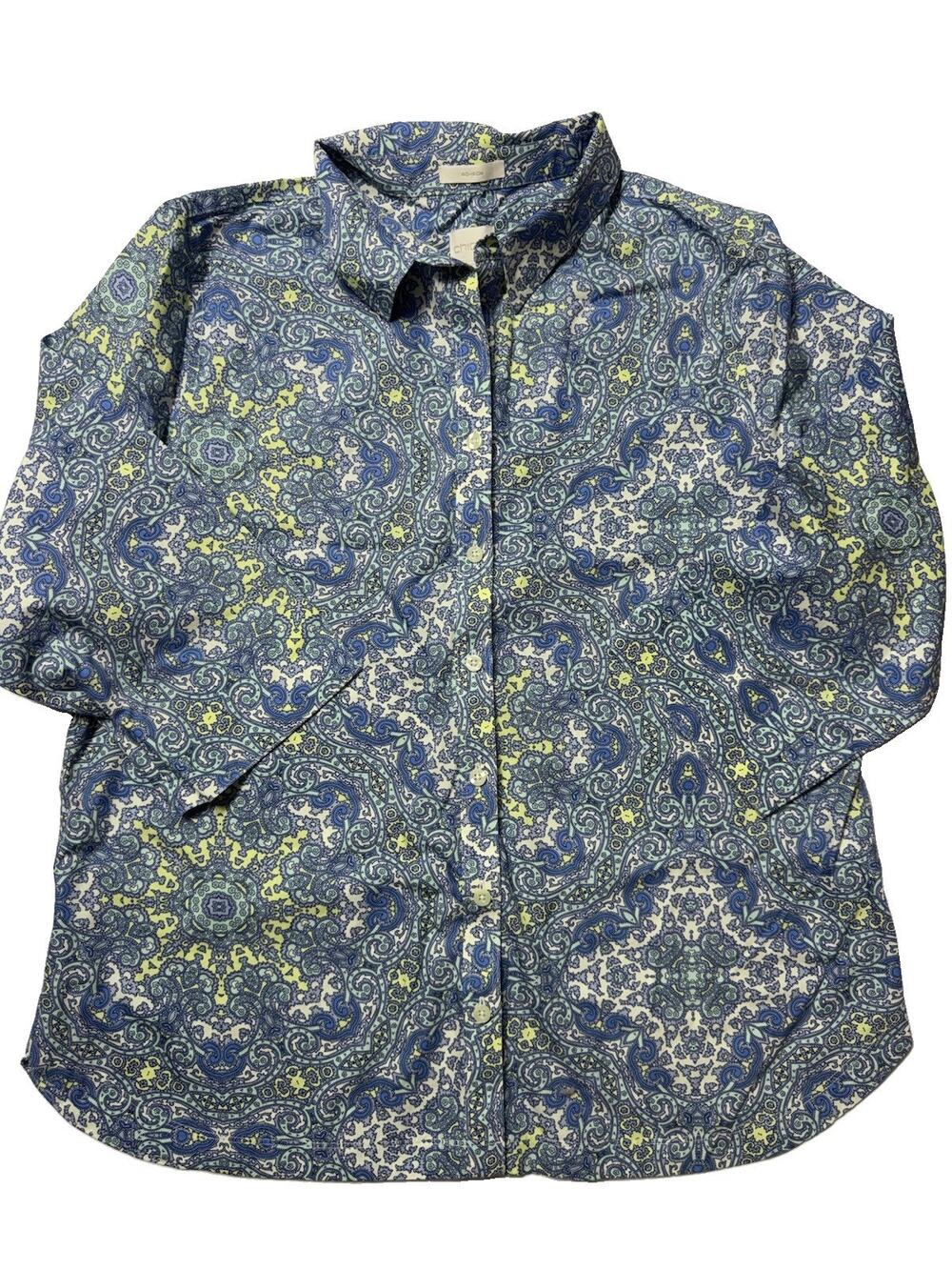 Chico's Women's 2 Blue White Green Paisley Woven Cotton Collared Button-Up